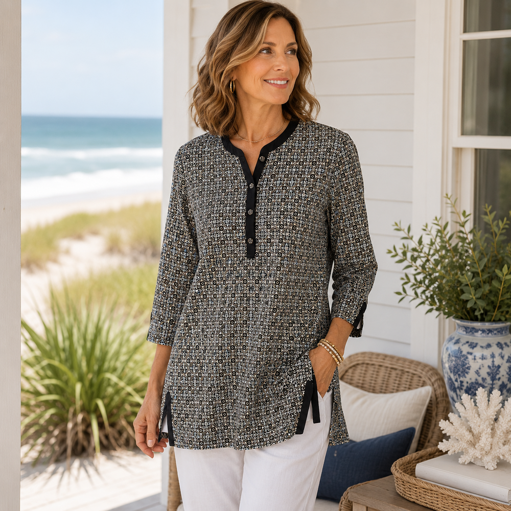 J McLaughlin Shirt Womens Medium Black Geometric Catalina Cloth Contrast Tunic